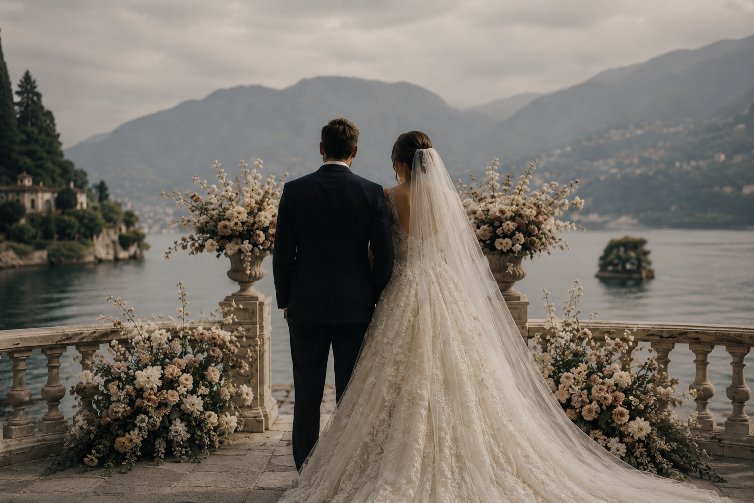 Bride and groom overlooking the water