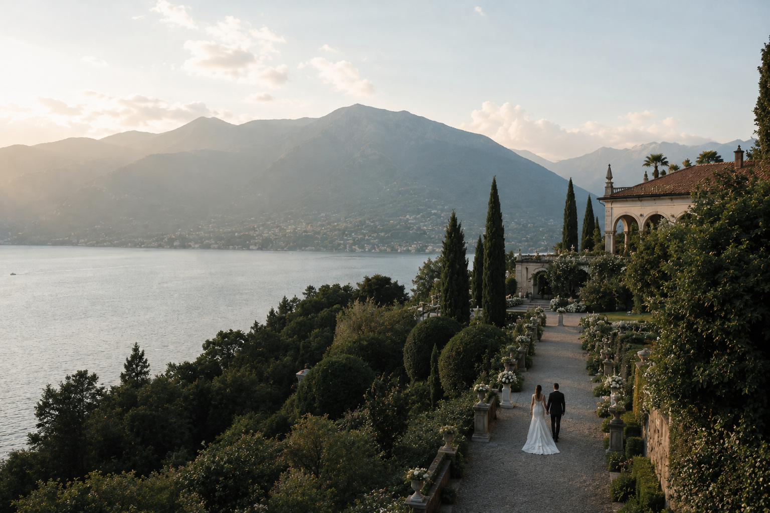 Bride and groom overlooking the water